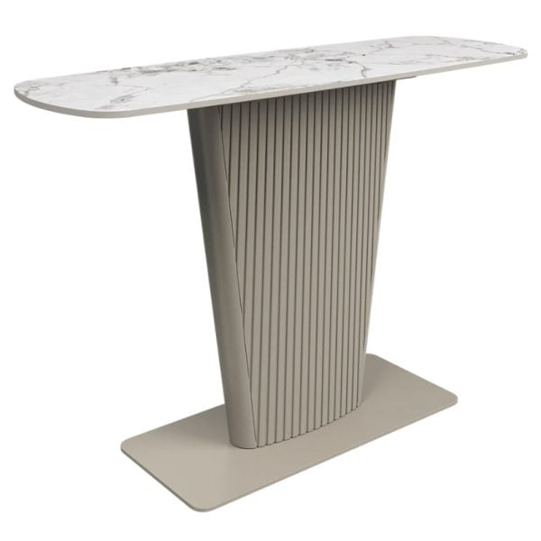 Castle Ceramic Console Table With Beige Wooden Base In White | Bed Sava