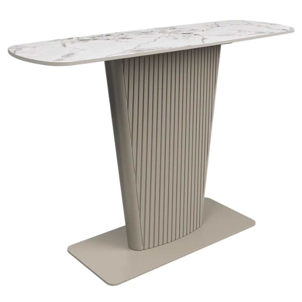 Castle Ceramic Console Table With Beige Wooden Base In White | Bed Sava