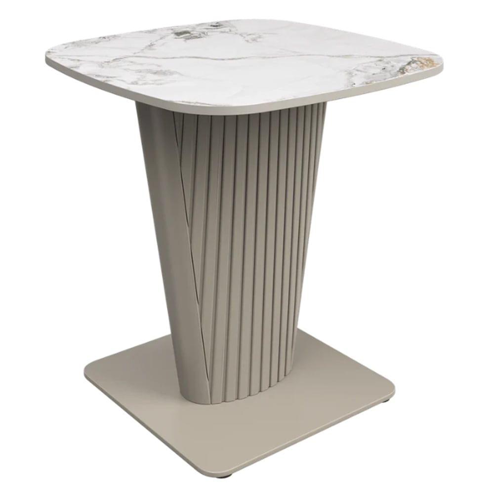 Castle Ceramic Side Table With Beige Wooden Base In White | Bed Sava