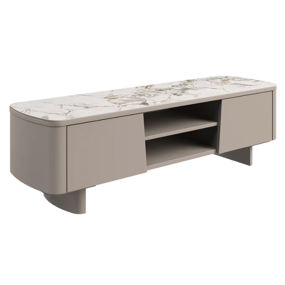 Castle White Ceramic Top TV Stand With Beige Wooden Base | Bed Sava