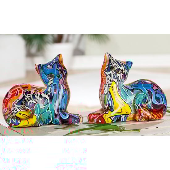 Cat lying Pop Art Poly Set Of 2 Design Sculpture In Multicolor | Bed Sava
