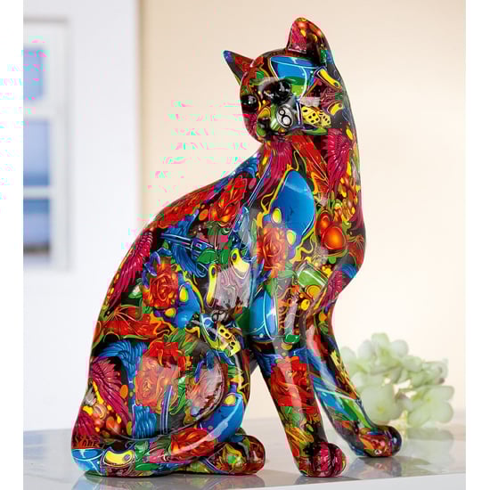 Cat Sitting Pop Art Poly Design Sculpture In Multicolor | Bed Sava
