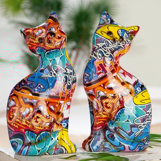 Cat Sitting Pop Art Poly Set Of 2 Design Sculpture In Multicolor | Bed Sava