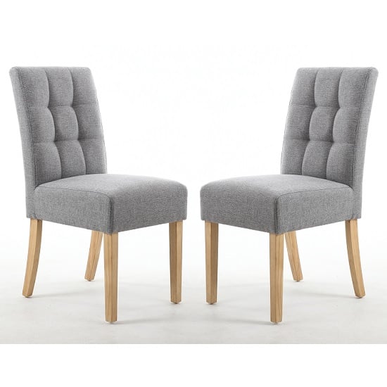Mendoza Silver Grey Fabric Dining Chairs With Oak Legs In Pair