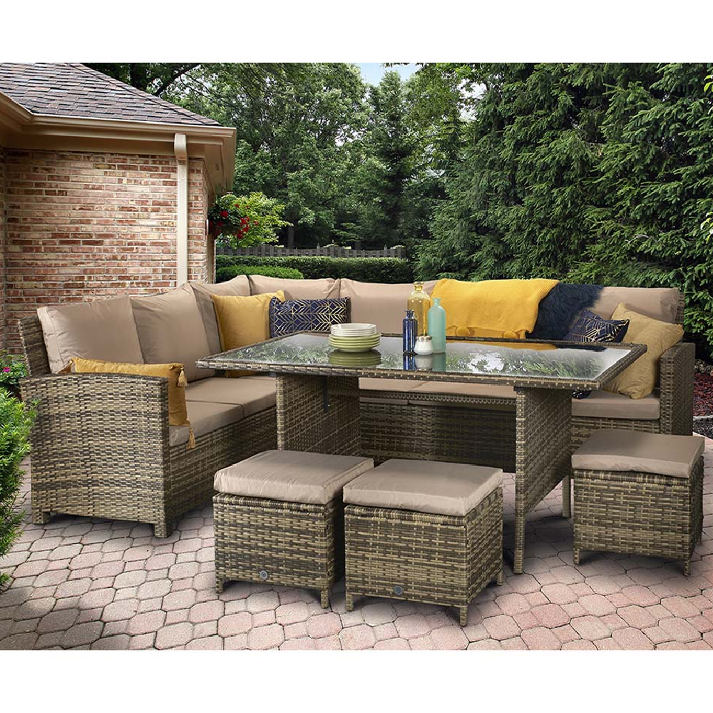 Caxias Glass Top Garden Corner Dining Set With 3 Ottomans In Brown