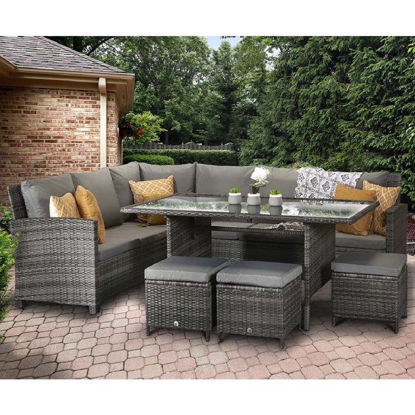 Caxias Glass Top Garden Corner Dining Set With 3 Ottomans In Grey | Bed Sava