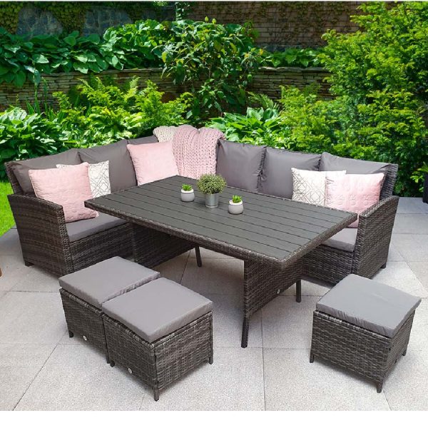 Caxias Wooden Garden Corner Dining Set With 3 Ottomans In Grey | Bed Sava