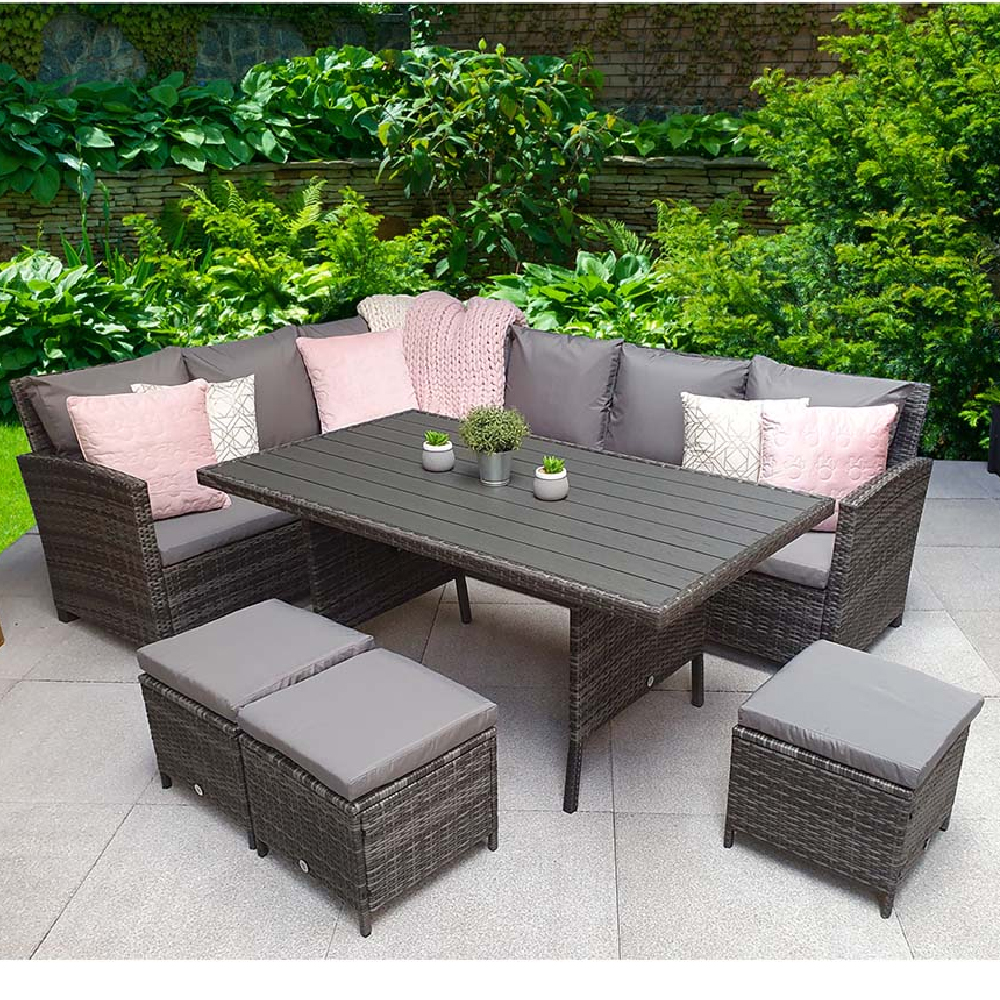 Caxias Wooden Garden Corner Dining Set With 3 Ottomans In Grey