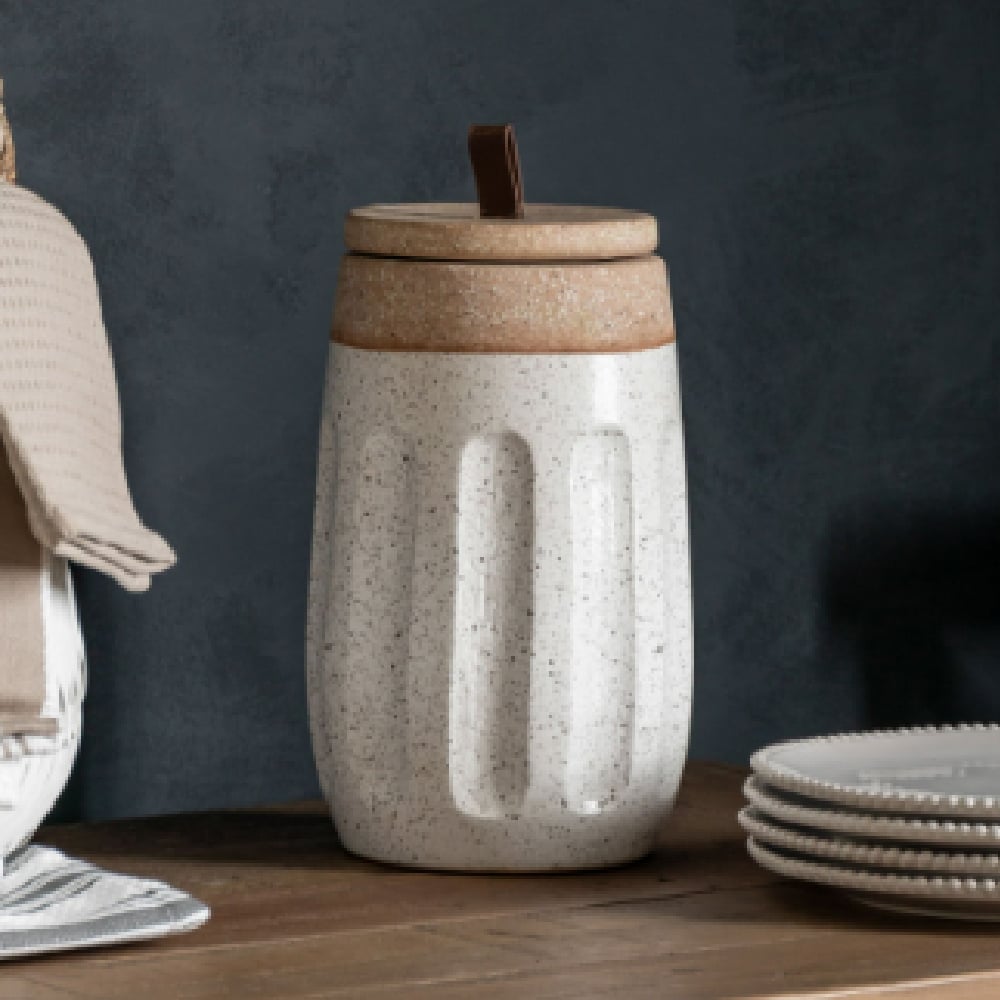 Cayuga Earthenware Lidded Jar In Natural And White