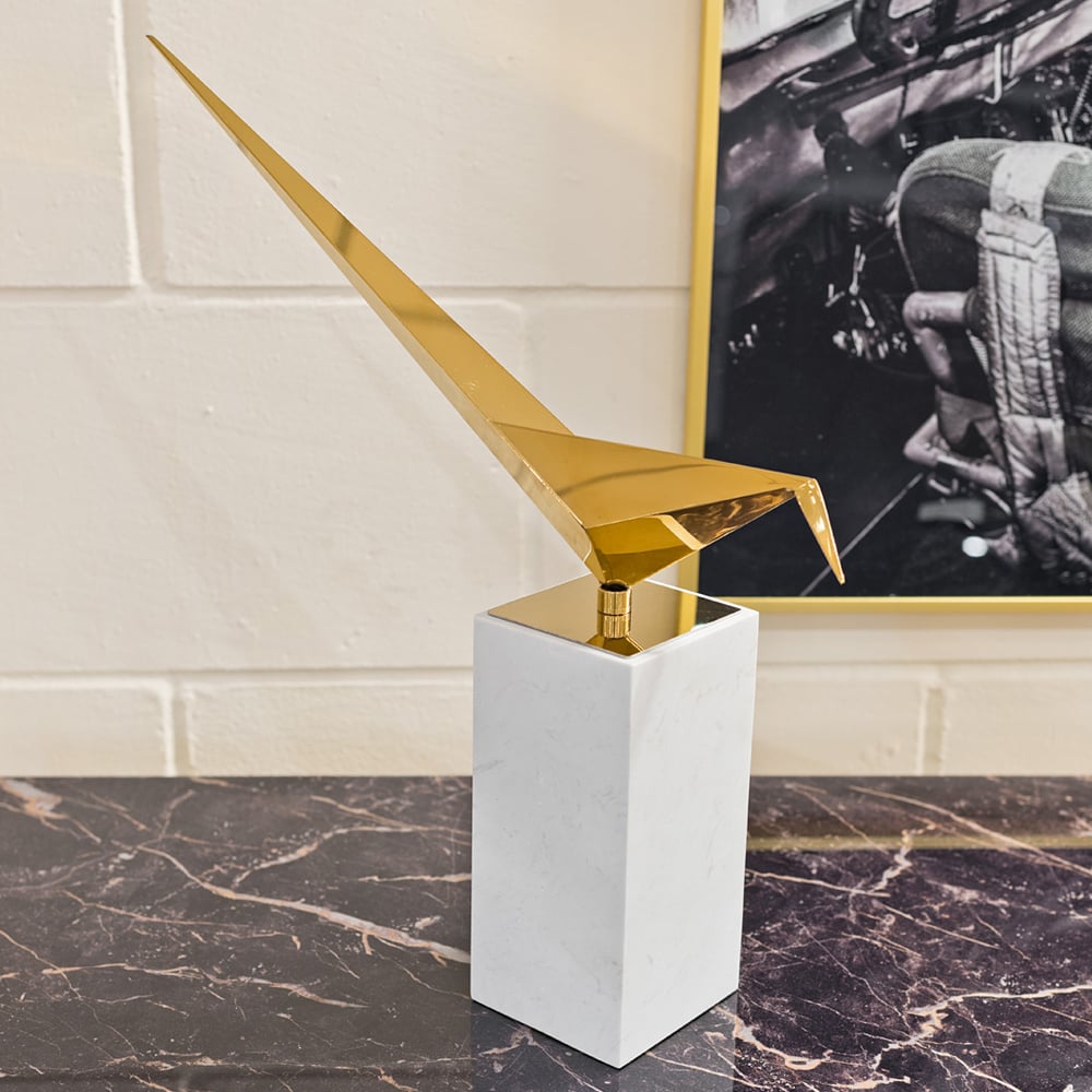 Cayuga Long Tailed Tit On Medium Marble Plinth Ornament In Gold