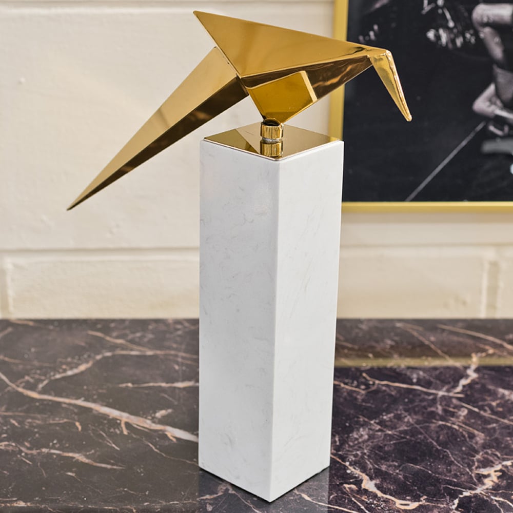 Cayuga Long Tailed Tit On Tall Marble Plinth Ornament In Gold