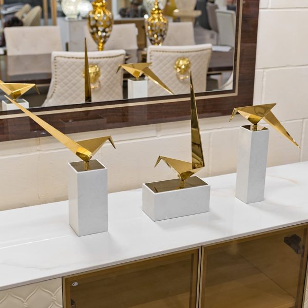 Cayuga Set Of 3 Long Tailed Tit On Marble Plinth Ornament In Gold | Bed Sava