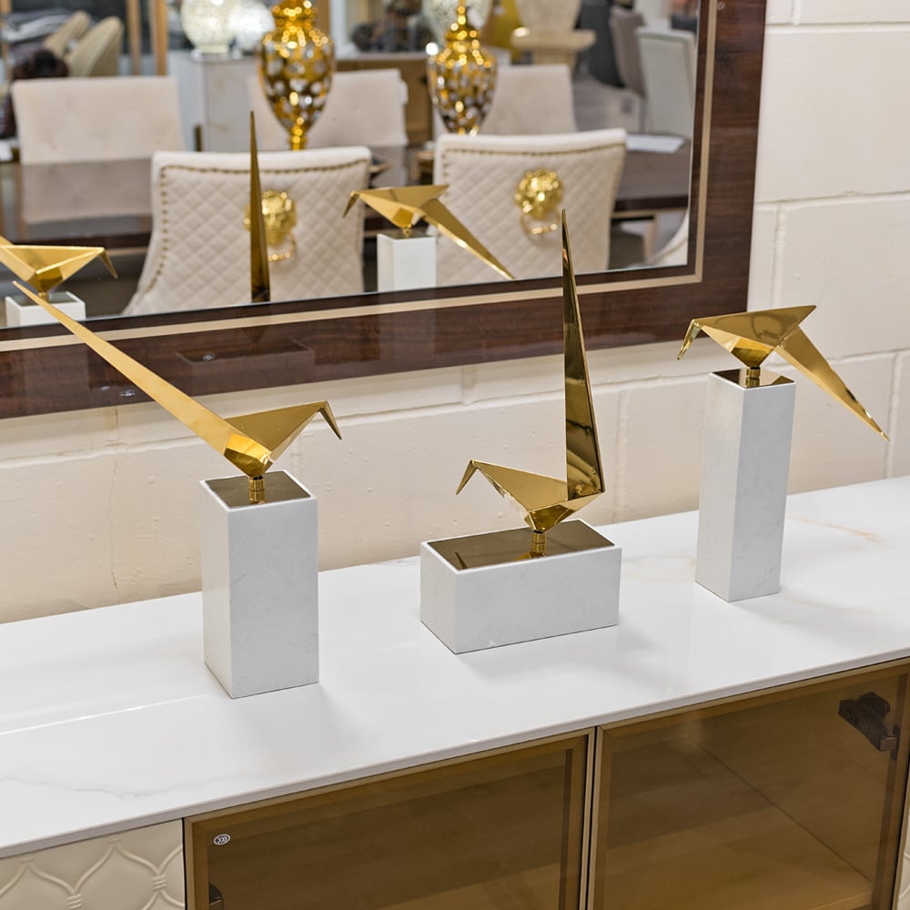 Cayuga Set Of 3 Long Tailed Tit On Marble Plinth Ornament In Gold