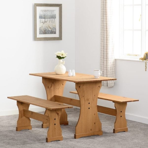 Central Rectangular Wooden Dining Table With 2 Benches In Oak | Bed Sava