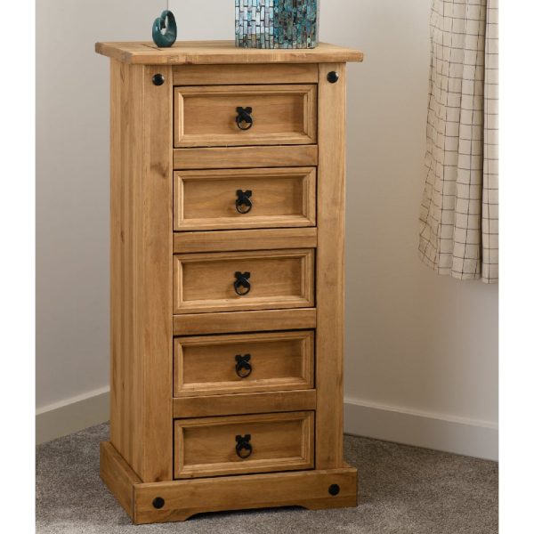 Central Wooden Chest Of 5 Drawers Narrow In Oak | Bed Sava
