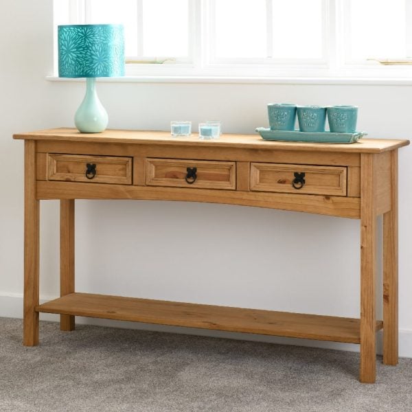 Central Wooden Console Table With 3 Drawers In Oak | Bed Sava
