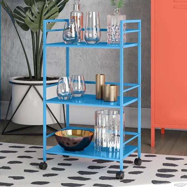 Cerritos Metal Drinks Serving Trolley With 3 Shelves In Blue | Bed Sava