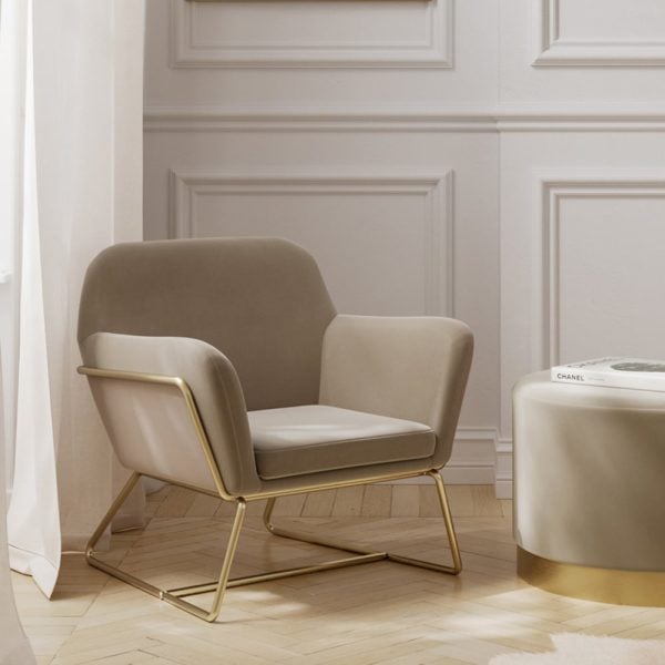 Charles Velvet Armchair With Gold Frame In Beige | Bed Sava