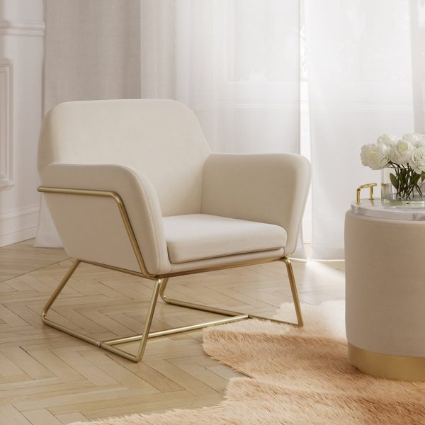 Charles Velvet Armchair With Gold Frame In Cream | Bed Sava