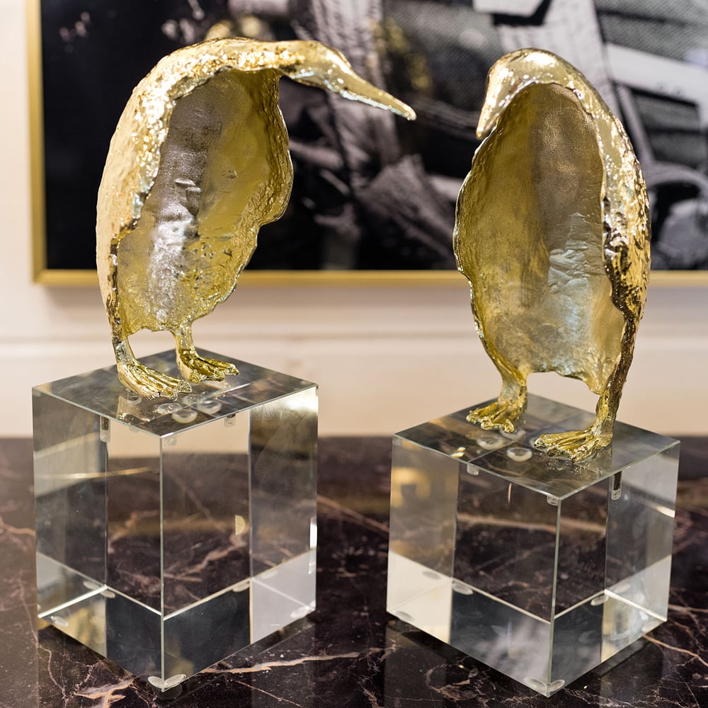 Chelan Set Of 2 Penguin On Crystal Plinth Ornament In Gold