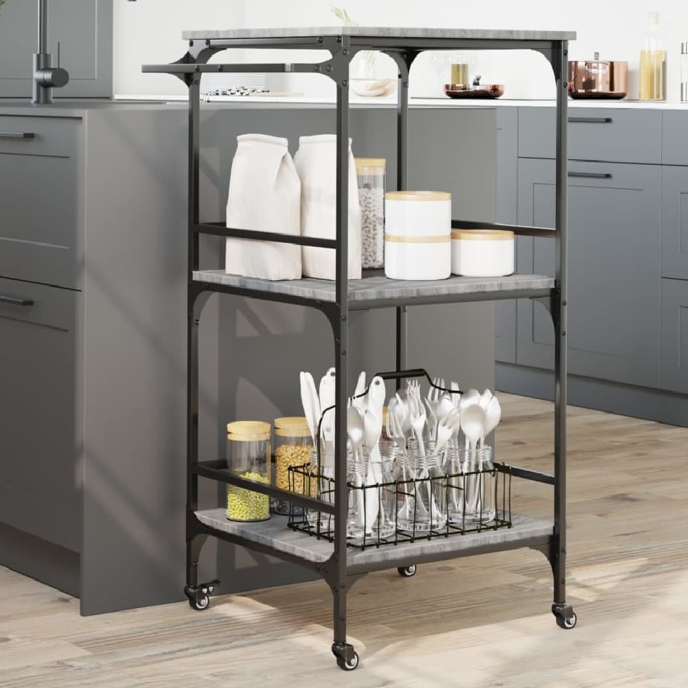 Cheney Wooden Kitchen Trolley With 2 Shelves In Grey Sonoma