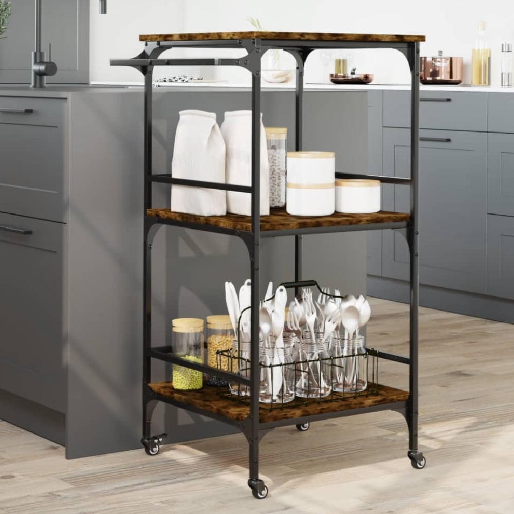 Cheney Wooden Kitchen Trolley With 2 Shelves In Smoked Oak