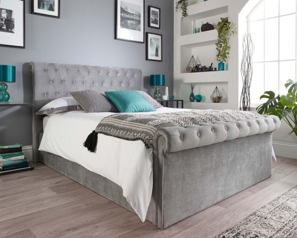 Grey Velvet Scroll Top Chesterfield Ottoman Storage Bed | Bed Sava