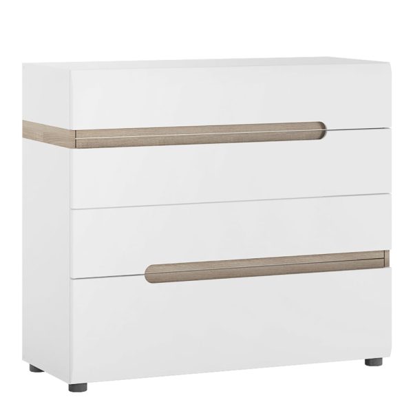 Cheya High Gloss Chest Of 4 Drawers In White And Truffle Oak | Bed Sava