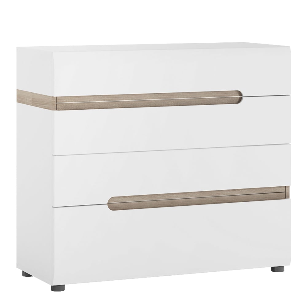 Cheya High Gloss Chest Of 4 Drawers In White And Truffle Oak