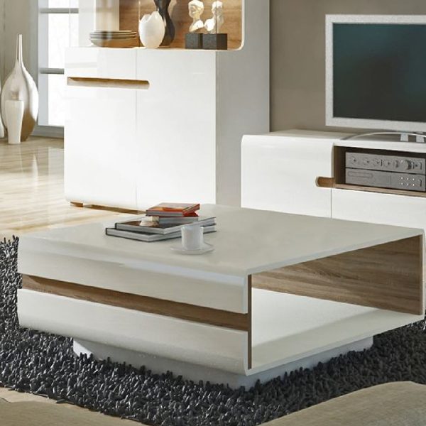 Cheya High Gloss Coffee Table In White And Oak | Bed Sava