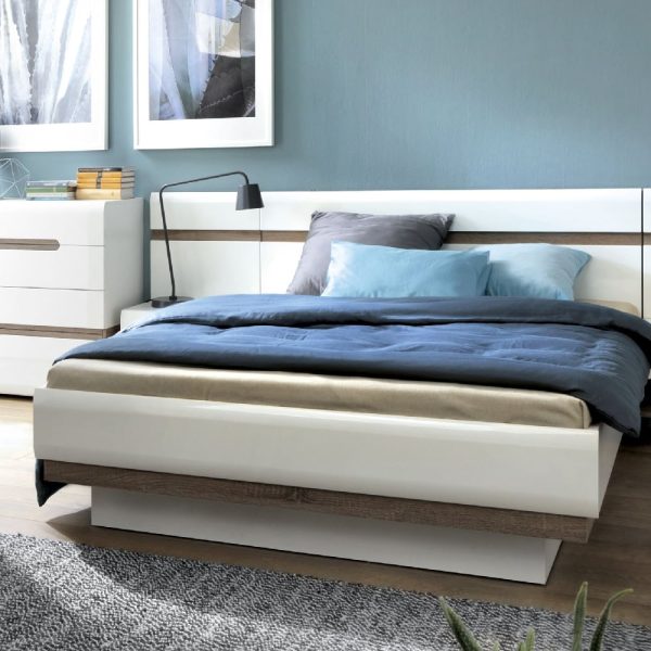 Cheya High Gloss Ottoman King Size Bed In White Truffle Oak | Bed Sava