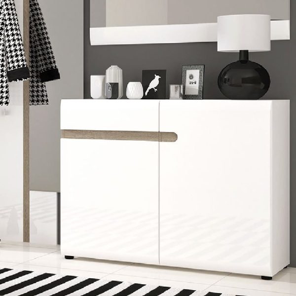 Cheya High Gloss Sideboard With 2 Doors In White Truffle Oak | Bed Sava