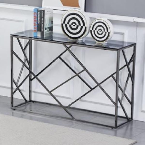 Chios Smoked Glass Rectangular Console Table With Titanium Frame | Bed Sava