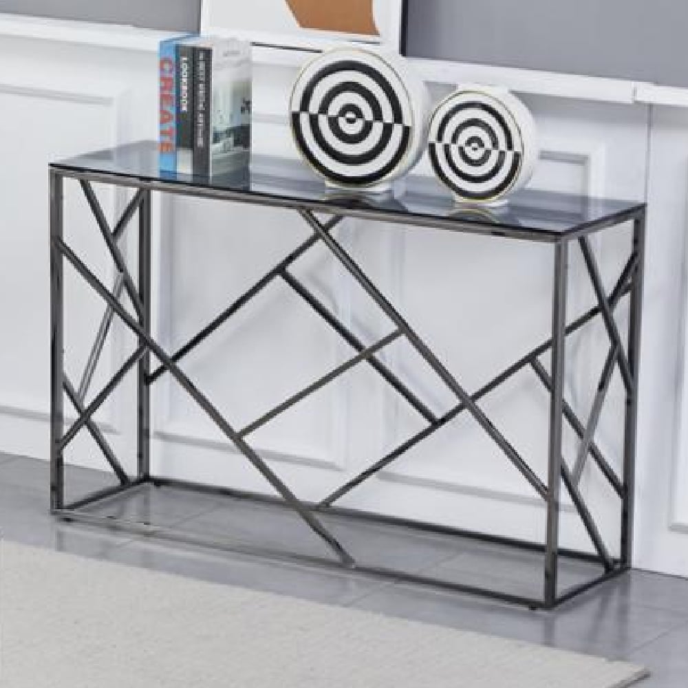 Chios Smoked Glass Rectangular Console Table With Titanium Frame