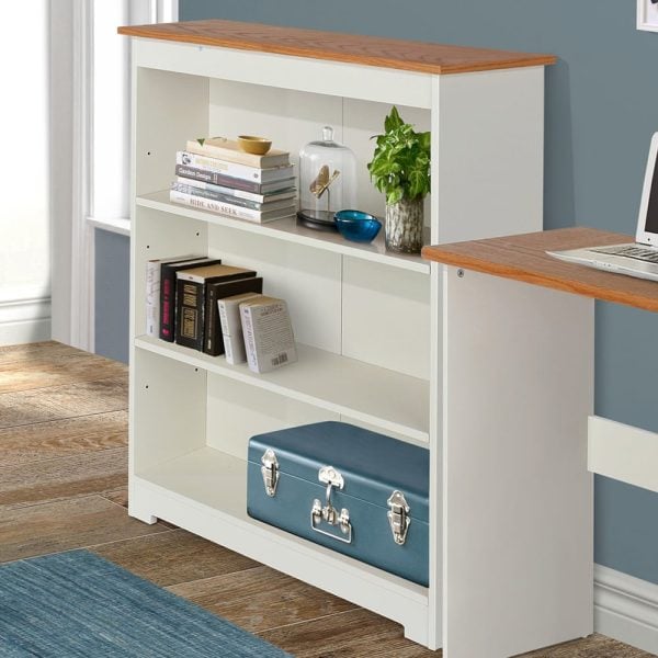Chorley Wide Wooden Bookcase With 3 Shelves In White And Oak | Bed Sava