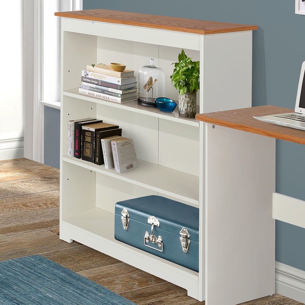 Chorley Wide Wooden Bookcase With 3 Shelves In White And Oak