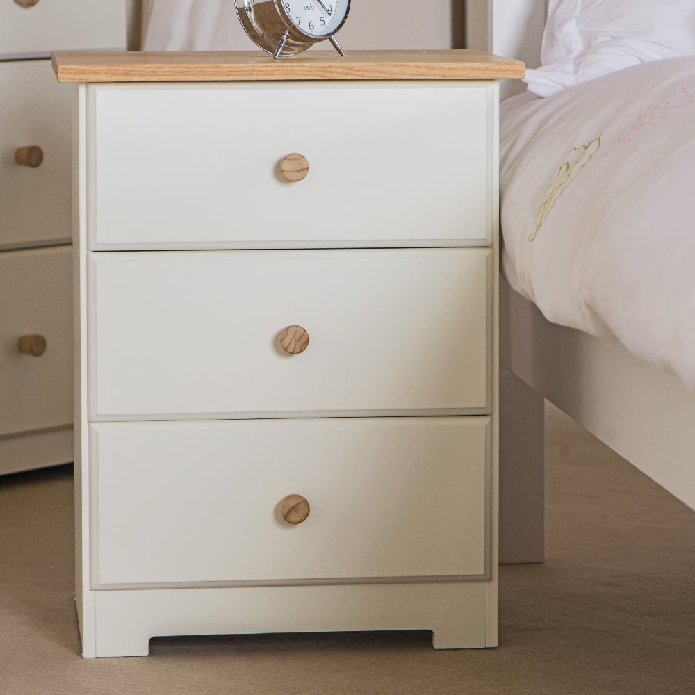 Chorley Wooden Bedside Cabinet With 3 Drawers In White And Oak | Bed Sava