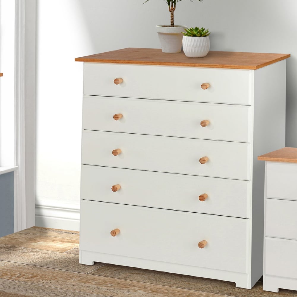 Chorley Wooden Chest Of 5 Drawers In White And Oak | Bed Sava