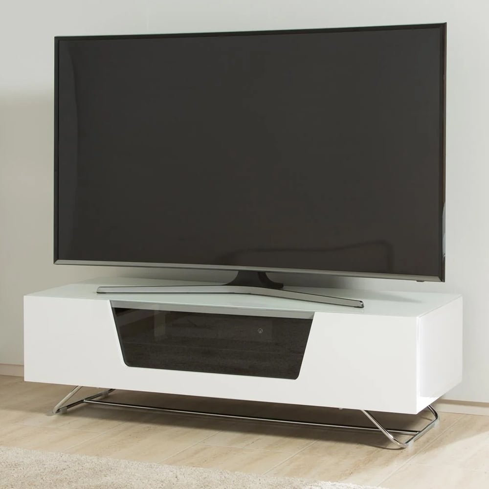 Chroma Medium High Gloss TV Stand With 1 Flip Glass Door In White | Bed Sava
