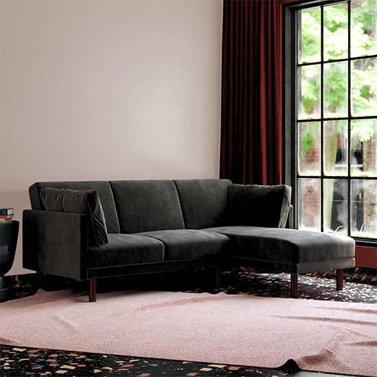 Claire Velvet Sectional Sofa Bed With Dark Wooden Legs In Black | Bed Sava