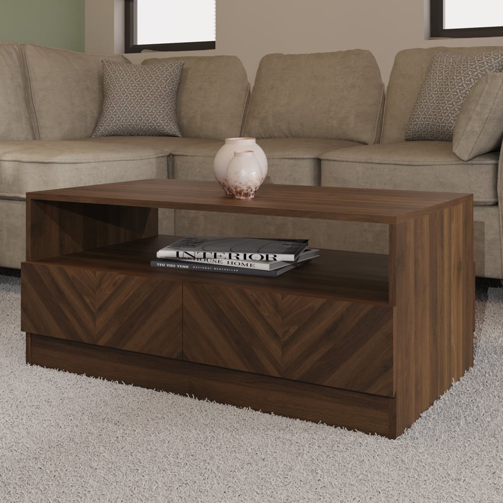Ciana Wooden Coffee Table With 2 Drawers In Royal Walnut