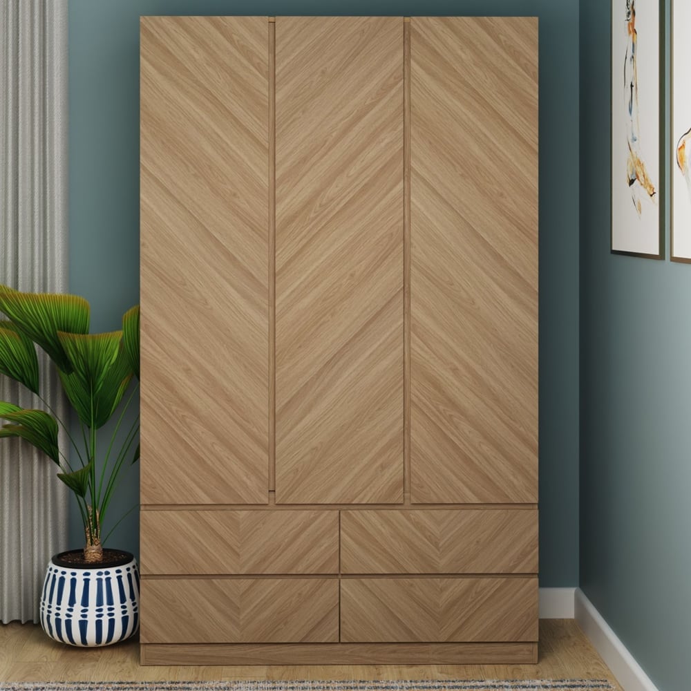 Ciana Wooden Wardrobe With 3 Doors 4 Drawers In Euro Oak
