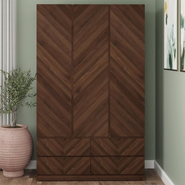 Ciana Wooden Wardrobe With 3 Doors 4 Drawers In Royal Walnut | Bed Sava