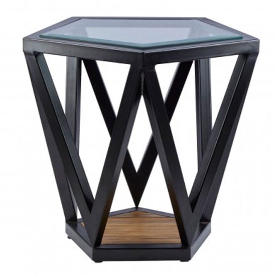 Ciao Clear Glass Top Pentagon Side Table With Black Metal Base | Bed Sava