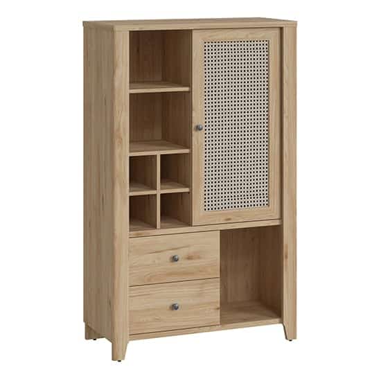 Cicero Highboard With 1 Door 2 Drawer In Oak And Rattan Effect | Bed Sava