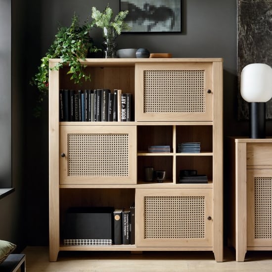 Cicero Highboard With 3 Sliding Door In Oak And Rattan Effect | Bed Sava
