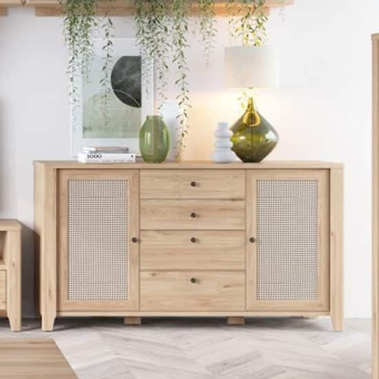 Cicero Sideboard With 2 Door 4 Drawer In Oak And Rattan Effect | Bed Sava