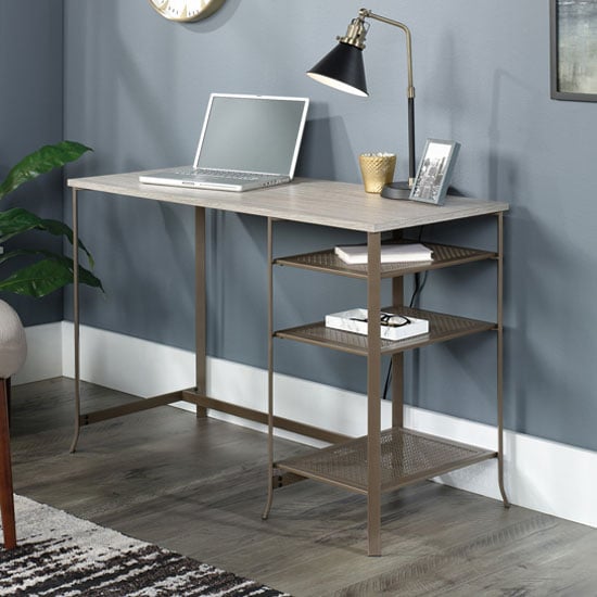 City Centre Wooden Laptop Desk In Champagne Oak With Metal Frame | Bed Sava