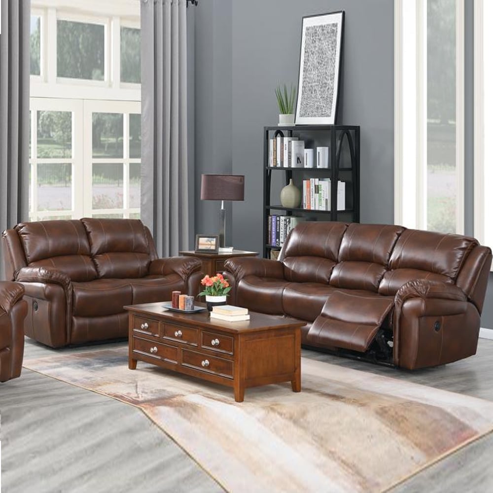 Claton Faux Leather Electric Recliner 3+2 Seater Sofa Set In Tan | Bed Sava