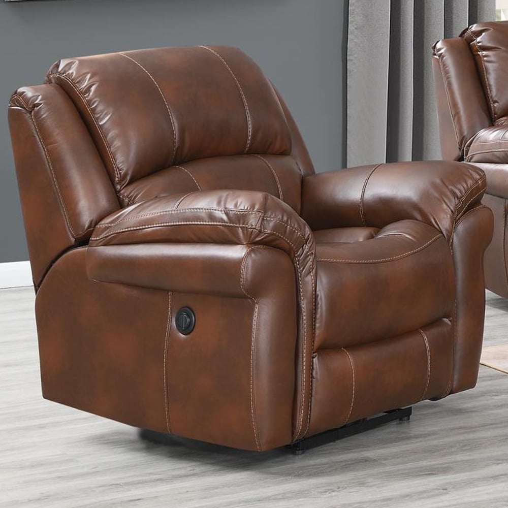 Claton Faux Leather Electric Recliner 1 Seater Sofa In Tan | Bed Sava
